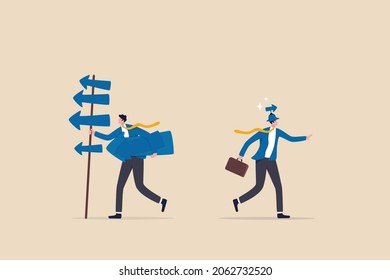 Simple idea for business success, simplify complicated directions to be easy success way, effective thinking concept, smart businessman walk with simple arrow while other with too many arrow ways.