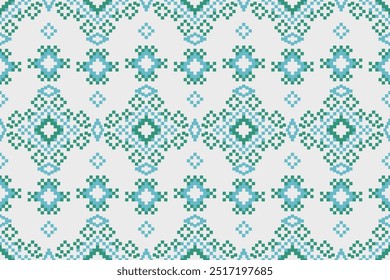 Simple II textile seamless cross stitch pixel pattern green color , Design for fabric, Clothes, Curtain, Carpet, Scarf, Wrap, Handcraft, Headhand, Wallpaper, Background and Vector illustration