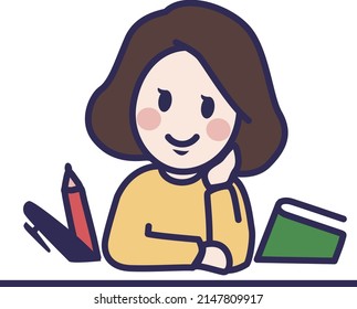 simple illust of study woman whit book ,desk, pen, pencil elements