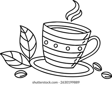 Simple illustrated coffee cup with leaves and coffee beans on a white background