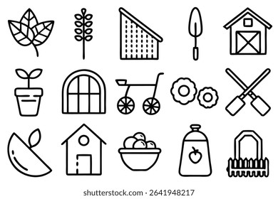 Simple illustrated garden and farm icon set featuring plants buildings and gardening tools