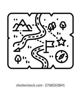 A simple illustrated map showing a winding river through mountains with trees, a flag, compass and scattered symbols.