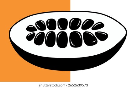 Rebanada de papaya ilustrada simple con semillas negras aisladas sobre fondo blanco y naranja