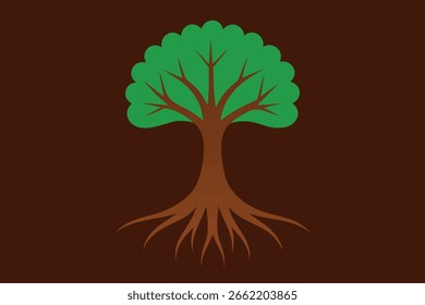 Einfach illustrierter Baum mit grünen Blättern, braunem Stamm und Wurzeln auf braunem Hintergrund