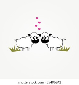 simple illustrated vector card design with two funny cartoon sheep in love