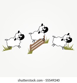 simple illustrated vector card design with  funny cartoon sheep jumping a fence