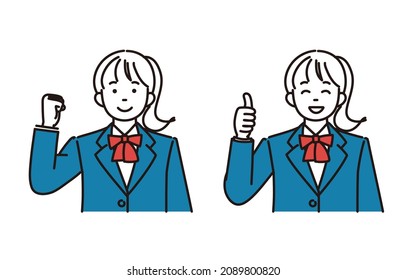 It is a simple illustration 2 pose set of a high school girl or a junior high school girl who is doing a guts pose and a nice pose.Vector data that is easy to edit.