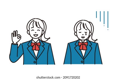 A simple illustration 2 pose set for high school girls or junior high school girls who are in OK poses or disappointed.Vector data that is easy to edit.