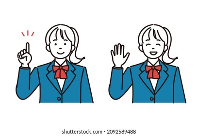 It is a simple illustration 2 pose set of a high school girl or a junior high school girl who is explaining and greeting.Vector data that is easy to edit.