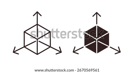 Simple illustration of a 3D cube with arrows indicating three-dimensional space. Isolated on white.