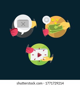 Ilustración simple sobre el flujo de transacciones de paquetes de vídeo con mano de pescado.