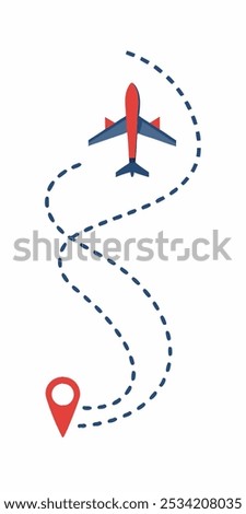 A simple illustration of an airplane flying a route, with a dashed line showing its path and a red pin marking its destination.