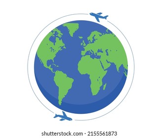 A simple illustration of an airplane orbiting the earth. icon. World travel, overseas travel image.