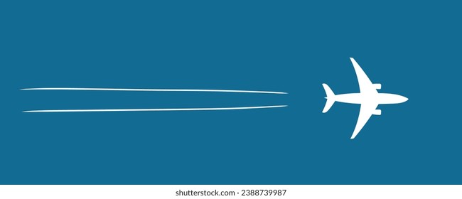 Simple illustration airplane in the sky, viewed from below. Airplane travel, airport advertising, overseas vacation trips, romantic travel, tours, airplane routes banner. Airplane on blue background