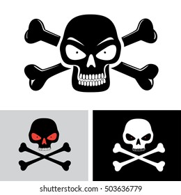 Simple illustration of angry evil skull with red eyes and bones on background isolated on white. Toxic, poison sign