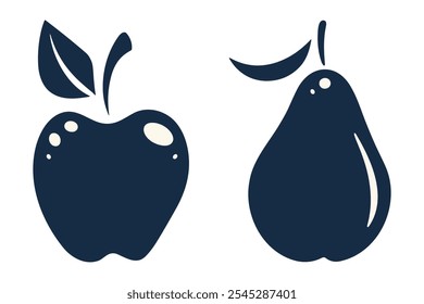 A simple illustration of an apple and a pear, both in a dark blue color.