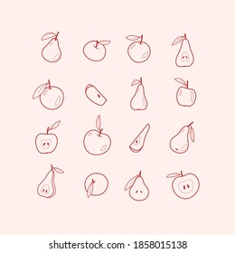 Simple illustration of apple and pear. Contour vector icon set.
