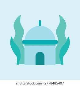 Simple illustration of an aqua domed temple building with an arched doorway and tall curved plants on both sides.