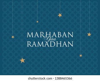 Simple illustration Arabic background navy color with text " Marhaban yaa Ramadhan".