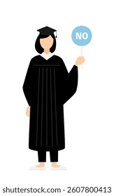 Simple illustration of an asian female graduate in a graduation gown and square cap holding a yes-no stick, Vector Illustration