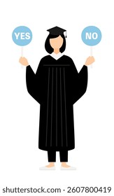 Simple illustration of an asian female graduate in a graduation gown and square cap holding a yes-no stick, Vector Illustration