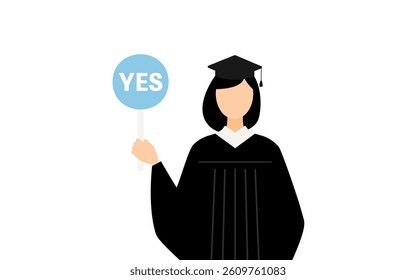 Simple illustration of an asian female graduate in a graduation gown and square cap holding a yes-no stick, Vector Illustration