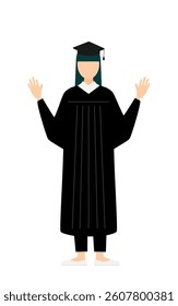 Simple illustration of an asian female graduates in graduation gowns and square caps raising his hand in surprise, Vector Illustration