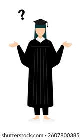 Simple illustration of an asian female graduates in graduation gowns and square caps questioning, Vector Illustration