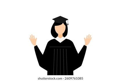 Simple illustration of an asian female graduates in graduation gowns and square caps raising his hand in surprise, Vector Illustration