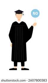 Simple illustration of an asian male graduate in a graduation gown and square cap holding a yes-no stick, Vector Illustration