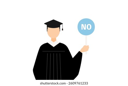 Simple illustration of an asian male graduate in a graduation gown and square cap holding a yes-no stick, Vector Illustration