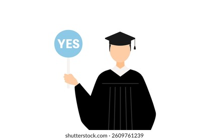 Simple illustration of an asian male graduate in a graduation gown and square cap holding a yes-no stick, Vector Illustration