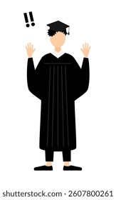 Simple illustration of an asian male graduates in graduation gowns and square caps raising his hand in surprise, Vector Illustration