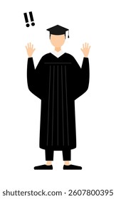 Simple illustration of an asian male graduates in graduation gowns and square caps raising his hand in surprise, Vector Illustration