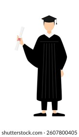 Simple illustration of an asian male graduates in graduation gowns and square caps holding a diploma, Vector Illustration