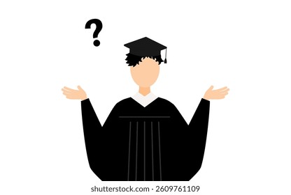 Simple illustration of an asian male graduates in graduation gowns and square caps questioning, Vector Illustration
