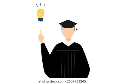 Simple illustration of an asian male graduates in graduation gowns and square caps inspiring ideas, Vector Illustration