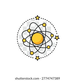 a simple illustration of an atom with a large yellow center and smaller yellow circles orbiting around it, connected by black lines, surrounded by a dotted circle and small yellow stars
