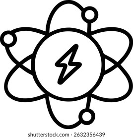 A simple illustration of an atom with orbiting electrons and a lightning bolt in the center, presented as a clean, modern icon design element.