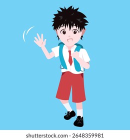 Simple illustration of back to school elementary school student boy with red and white uniform and waving hand pose.