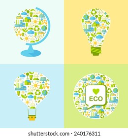Simple illustration with balloon, lamp, globe and many icons on nature theme 