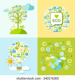 Simple illustration with balloon, tree, globe and many icons on nature theme 