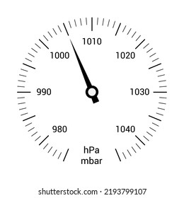 Una simple ilustración de un dial de barómetro con números y una mano. Barra de notación y hPa - vector