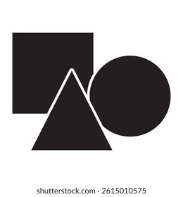 Simple illustration of basic geometric shapes: a square, a triangle, and a circle, overlapping each other. Black lines on a white background. Abstract design element