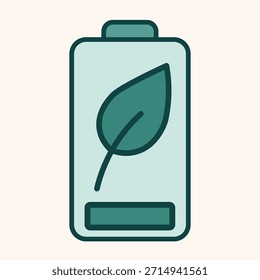 Ilustración simple de una batería con una hoja verde, que representa conceptos de energía sostenible, ecológica y renovable.