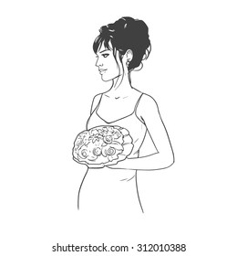 simple illustration of a beautiful bride on a white background, wedding salon