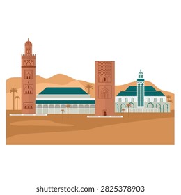 Simple illustration of a beautiful Morocco city landscape featuring traditional architecture and urban scenery