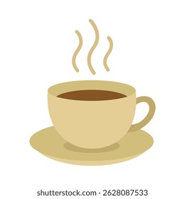 Simple illustration of a beige cup filled with hot coffee, steam rising, placed on a matching saucer. Vector illustration