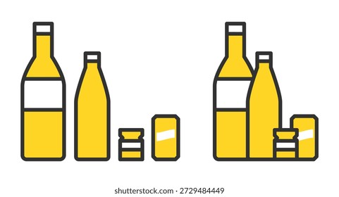 Ilustração simples de garrafas de bebidas e ícones de latas.