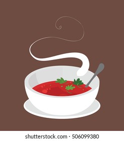 Simple illustration of the big bowl of the organic tomato soup. 
Single food portion served on the brown background, Hot food steaming. 